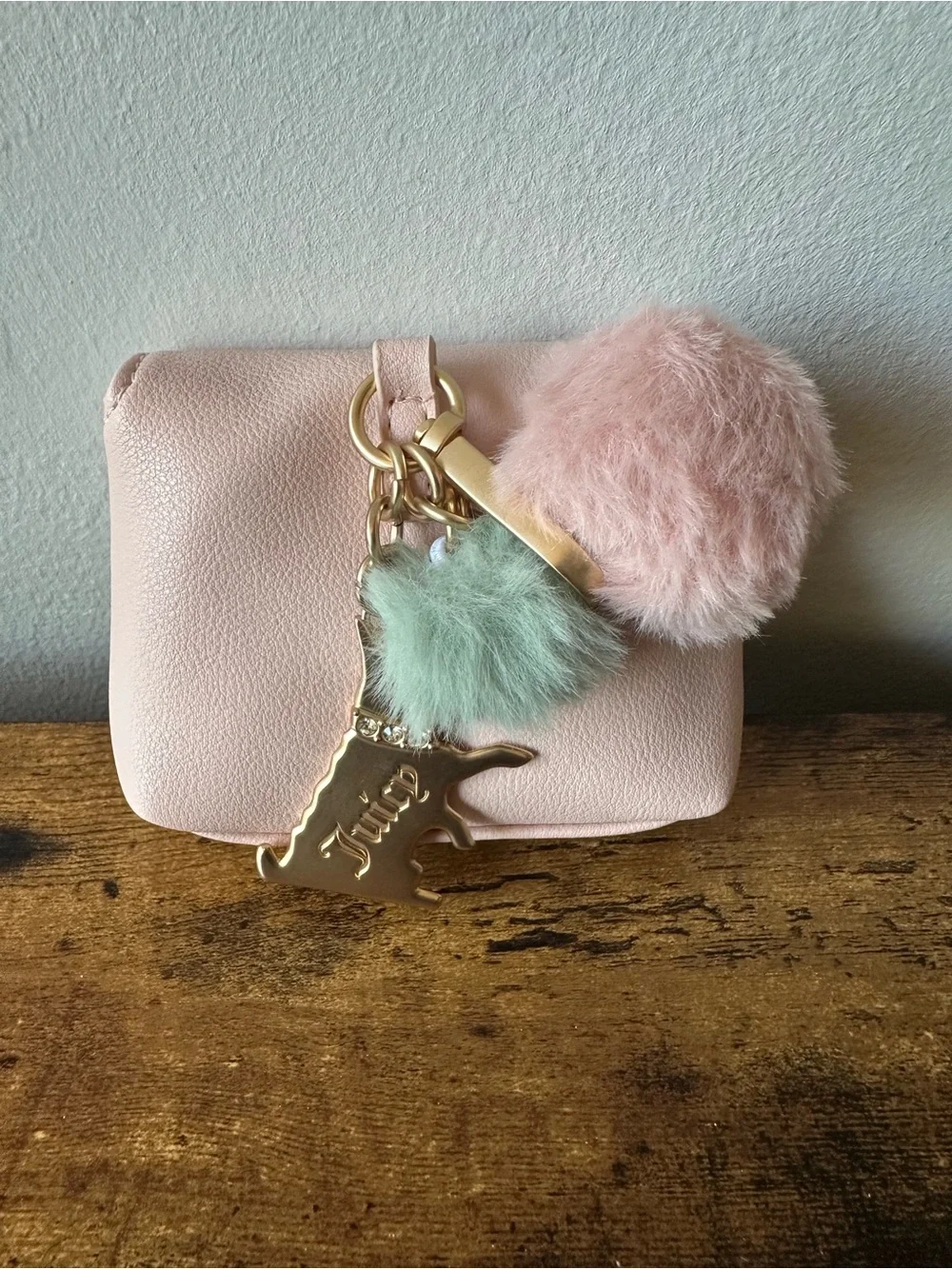 Juicy Couture Light Pink Coin Purse Wallet Mint & Pink Pom Pom & Dog Charms NWOT